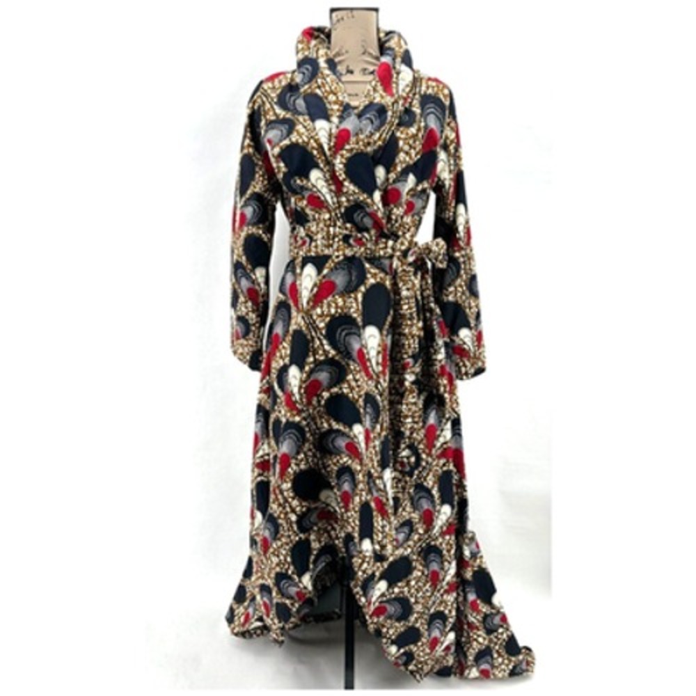 Ray Darten Omoefe African Print Wrap Jacket Dress Womens L Navy Red Ethnic‎ Boho